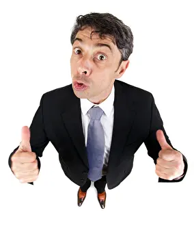 Optimistic Prints: High angle portrait with diminishing perspective of a motivated man giving a double thumbs up gesture of approval