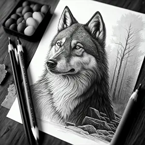 White Paper Prints: A high-angle shot of a wolf drawing in black and white with a pen on white paper
