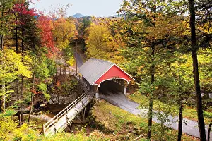 New Hampshire Prints: High Angle View of the Pemigewasset River Covered Bridge