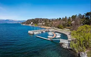 Northern Italy Prints: High angle view of the small harbor and marina in Ispra on the shores of Lake Maggiore