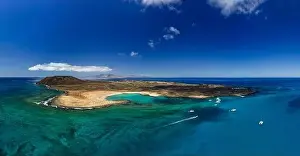 Lobos Prints: High Aspect Aerial Panorama of the Tropical looking Volcanic island of Lobos Fuerteventura