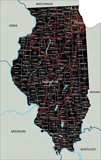 Interstate Prints: High detailed Illinois road map with labeling