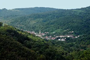 Nestle Prints: High in the Jura forests above the Loue river Mouthier-Haute-Pierre village is a fine sight in the Loue valley