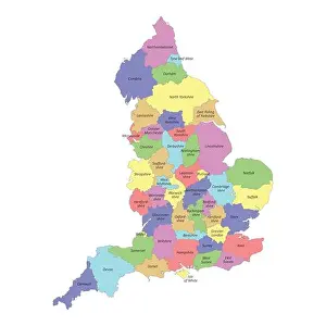 Somerset Prints: High quality colorful labeled map of England with borders of the counties