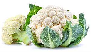 Partial Prints: High-quality image of a whole and partial cauliflower with green leaves isolated on white