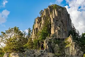 High rocky wild mountain range of Rhodope Mountains covered with green bright vegetation