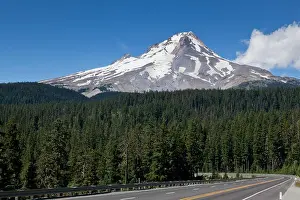 Mount Hood Prints: The high snowy peak of Mount Hood in Oregon towering above a lush green forest with a empty road leading into the trees