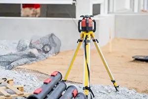 Building Site Prints: High-tech laser leveling instrument on a tripod stand used by engineers for site preparation