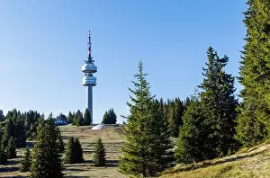 Snezhanka Tower Prints: The high tourist observation tower Snezhana on the mountain peak of Snezhana covered with evergreen spruce dense