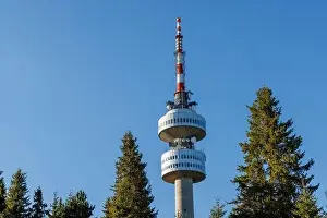 The high tourist observation tower Snezhana on the mountain peak of Snezhana covered with evergreen spruce dense