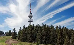 Snezhanka Tower Prints: The high tourist observation tower Snezhana on the mountain peak of Snezhana covered with evergreen spruce dense