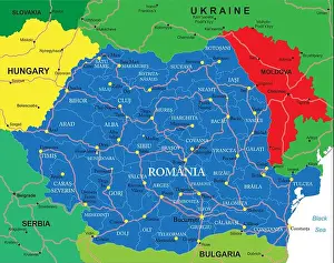 Danube Prints: Highly detailed vector map of Romania with administrative regions, main cities and roads