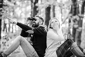 Surprised Prints: hiking with friends. surprised girl drink mulled wine