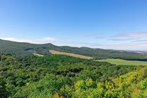 Hill landscape with green forest and meadow fields under blue sky, sunny summer day. Nature environment scene, horizontal landscape
