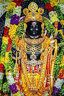 Indian Culture Prints: hindu god lord rama from Ramayana black stone statue from flat angle in details image is taken at Shree Ram Janmabhoomi
