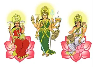 Hindu Goddess Durga with Goddess Lakshmi and Goddess Saraswati