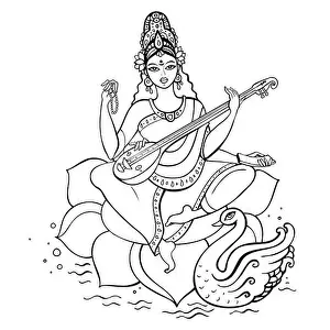 Saraswati Prints: Hindu Goddess Saraswati. Vector hand drawn illustration