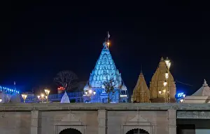 Mandir Prints: hindu holy temple dome architecture in colorful light at night image is taken at mahakaleshwar mahakal temple ujjain