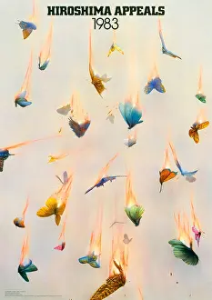 Social Prints: Hiroshima Appeals 1983 poster showing colourful butterflies on fire falling through the sky following the dropping of