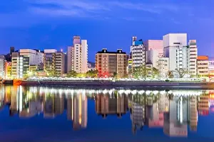 Hiroshima, Japan downtown cityscape on the Enko River at twilight