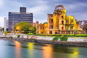 Hiroshima, Japan skyline and Atomic Dome at twilight on the river