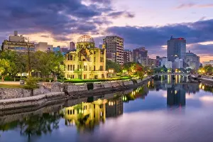 Hiroshima, Japan skyline and Atomic Dome at twilight on the river