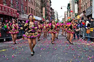 Hispanic dance troupe performs in the 2012 Chinese Lunar New Year Parade in New York City's Chinatown