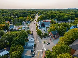 Historic commercial building aerial view on Main Street in historic town center of Newmarket, New Hampshire NH, USA