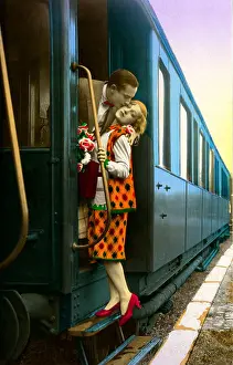 Mann Prints: Historic photo, couple saying goodbye to each other at the train station, ca. 1920