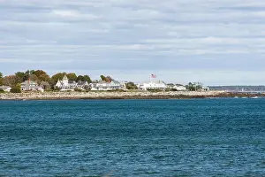Blue Boat Prints: Historic residence buildings at coast at Rye Harbor State Park in Rye, New Hampshire, USA