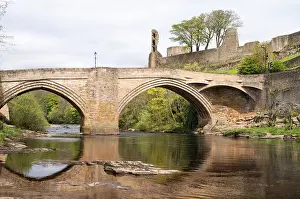 1500s Prints: Historic stone arched bridge over the river Tees at Barnard Castle north east England UK