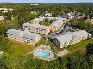 Historic Stone Gate buildings aerial view at 31 Bullocks Point Avenue in East Providence, Rhode Island RI, USA