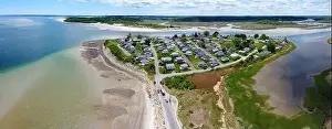 Cape Coast Prints: Historic village on Little Neck Island and Pavilion Beach aerial view panorama at Ipswich Bay in town of Ipswich
