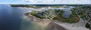 Cape Coast Prints: Historic village on Little Neck Island and Pavilion Beach aerial view panorama at Ipswich Bay in town of Ipswich
