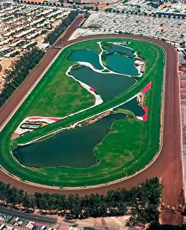 This historical 1974 aerial photograph shows the now-demolished Hollywood Park Racetrack that was famous for 75 years