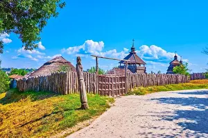 Whitewashed Prints: The historical Zaporizhian Sich Fort with its wooden stockade and gates
