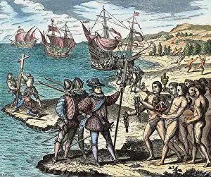 Wood Engraving Prints: HISTORY OF AMERICA - COLUMBUS On 12 May 1492