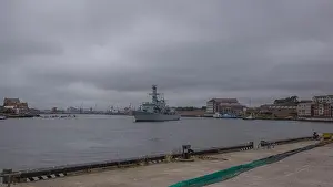 Riverfront Prints: HMS Northumberland sailing out of the River Tyne
