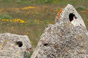 Armenia Prints: Holes on megaliths, Zorats Karer (Karahunj) prehistoric archaeological site, Armenia