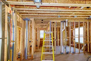 Plumber Prints: Home construction with hot red and cold blue pex pipe layout in pipes and exposed beams