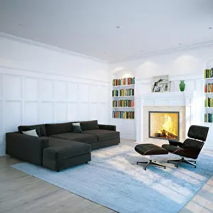 Pillows Prints: Home library in classic white room. Living interior with fireplace. 3D render