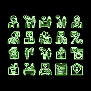 Pictograms Prints: Homecare Services neon glow icon illustration