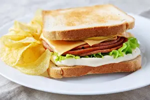 Toast Prints: Homemade Fried Bologna and Cheese Sandwich with Chips on a Plate, low angle view. Close-up