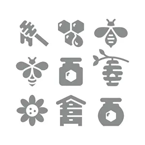 Glyph Prints: Honey jar, honeycomb and beehive vector icons. Bee, honey dipper icon set