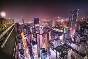 Hong Kong - 05 April 2019 - Aerial Rooftop View of Futuristic Urban City Setting with Skyscrapers