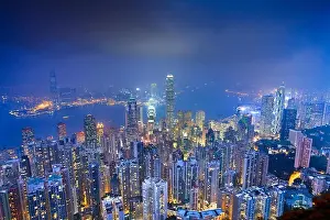 Victoria Peak Prints: Hong Kong. Image of Hong Kong with many skyscrapers during twilight blue hour