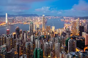 Hong Prints: Hong Kong in Kowloon area skyline view from Victoria Peak in Hong Kong