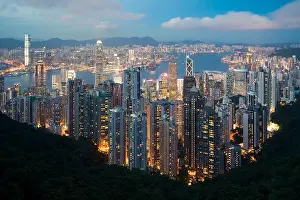 Hong Kong in Kowloon area skyline view from Victoria Peak in Hong Kong