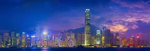 Hong Kong Panorama. Panoramic image of Hong Kong with many skyscrapers during dramatic sunset