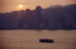 Hong Prints: Hong Kong red star ferry and skyline at sunset Hong Kong China Victoria Harbour